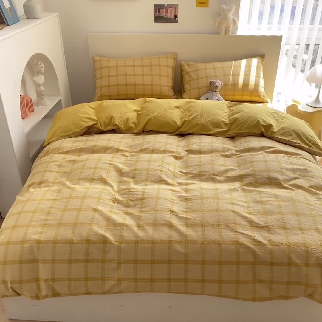 91家纺网 家纺一手货源 找家纺 蓝巢 2021新款全棉色织水洗棉四件套 加州黄