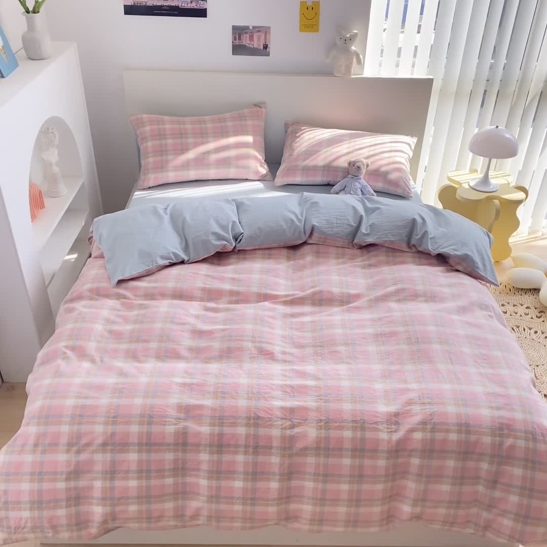 91家纺网 家纺一手货源 找家纺 蓝巢 2021新款全棉色织水洗棉四件套 简兮粉