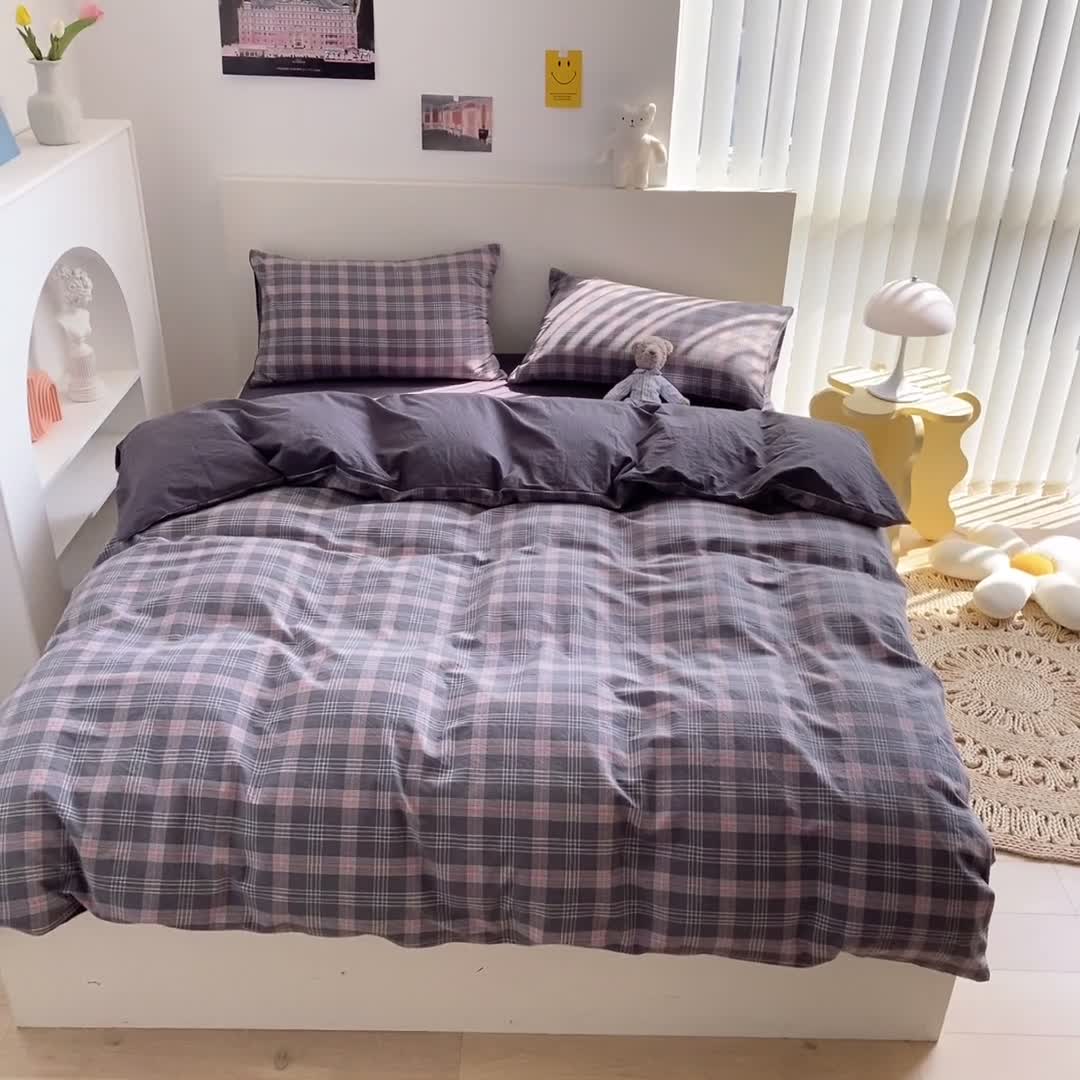 91家纺网 家纺一手货源 找家纺 蓝巢 2021新款全棉色织水洗棉四件套 卡尔粉