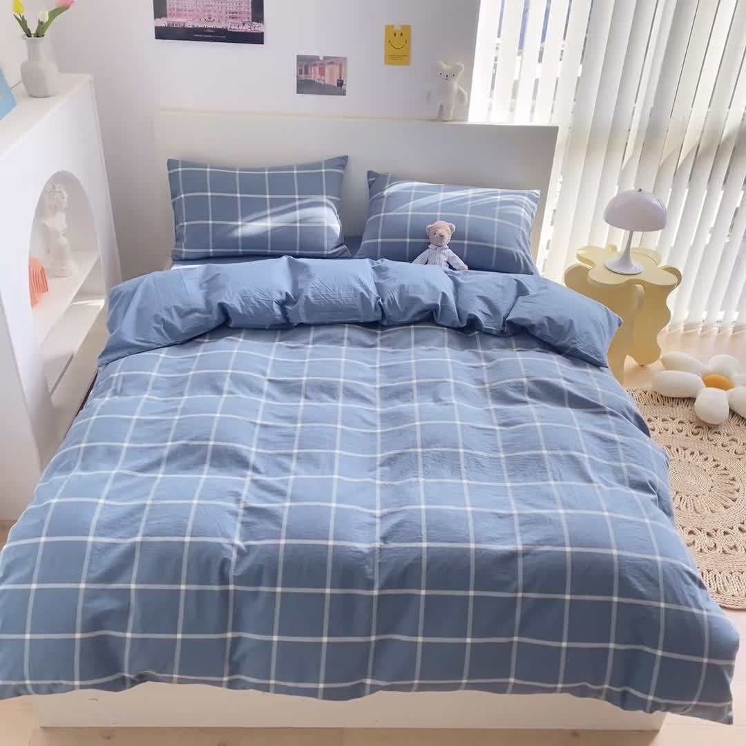 91家纺网 家纺一手货源 找家纺 蓝巢 2021新款全棉色织水洗棉四件套 蓝灰大格