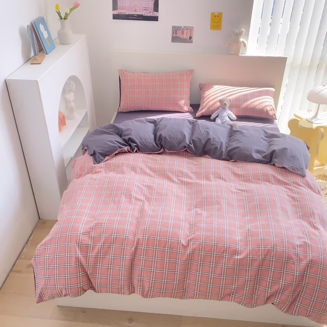 91家纺网 家纺一手货源 找家纺 蓝巢 2021新款全棉色织水洗棉四件套 慢调时光粉