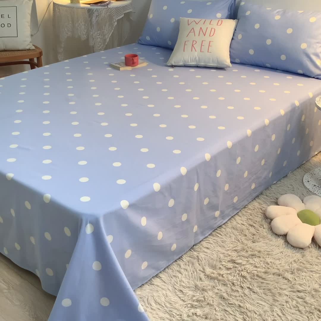 91家纺网 家纺一手货源 找家纺 梦家居 2021新款40s纯棉13372卡通单床单 波点浅蓝