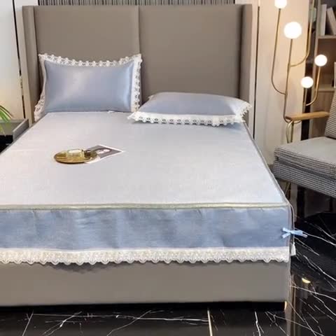 91家纺网 家纺一手货源 找家纺 璞素家居 2021新款蕾丝花边冰丝席 蓝