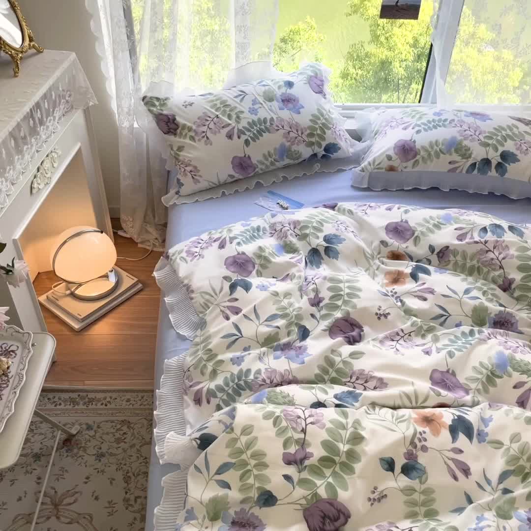 91家纺网 家纺一手货源 找家纺 琪格格纺织 2022新款水洗棉蕾丝边四件套 汐颜