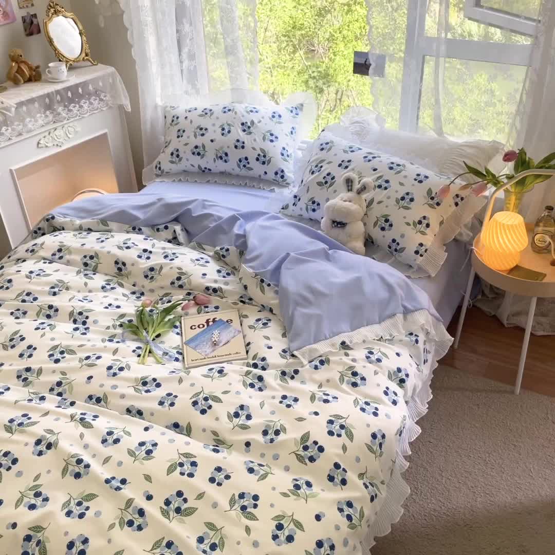 91家纺网 家纺一手货源 找家纺 琪格格纺织 2022新款水洗棉蕾丝边四件套 蓝莓