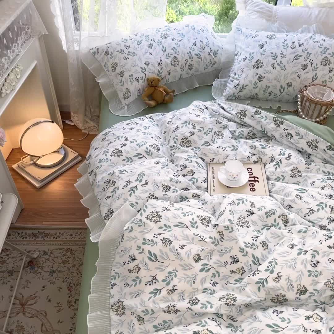 91家纺网 家纺一手货源 找家纺 琪格格纺织 2022新款水洗棉蕾丝边四件套 春意