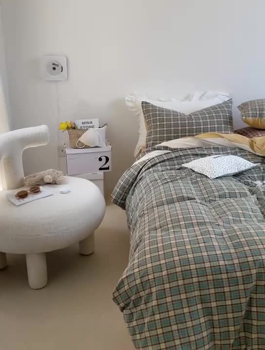 91家纺网 家纺一手货源 找家纺 洋铭区 2021新款水洗棉格子四件套 山竹格