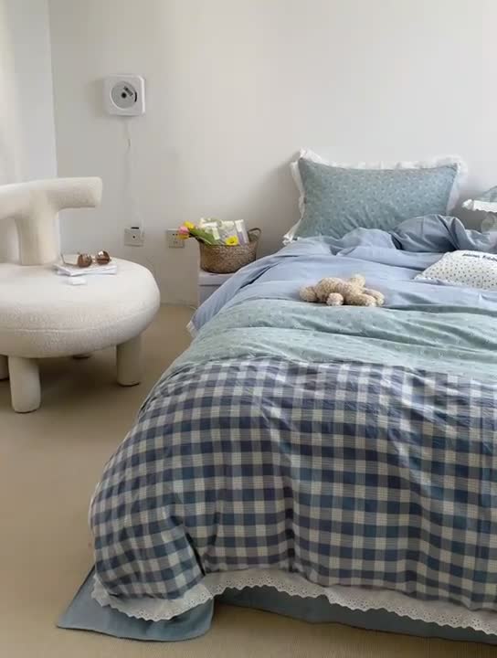 91家纺网 家纺一手货源 找家纺 洋铭区 2021新款慕斯拼色水洗棉四件套 慕斯兰