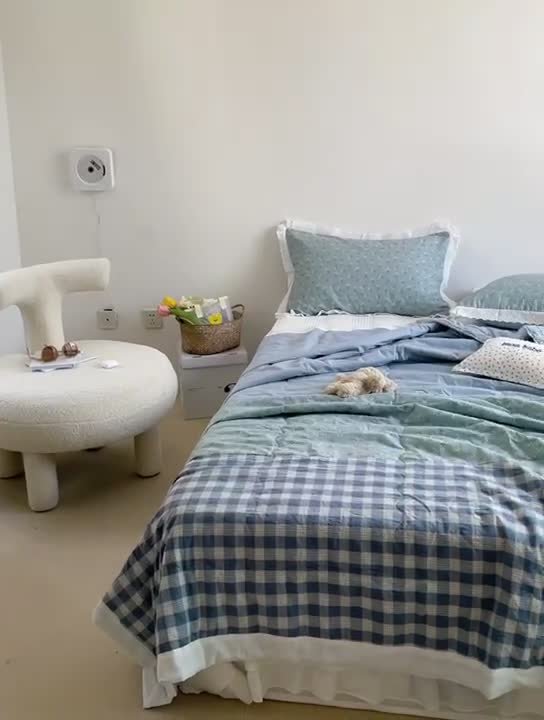 91家纺网 家纺一手货源 找家纺 洋铭区 2021新款拼色水洗棉夏被 晴山兰