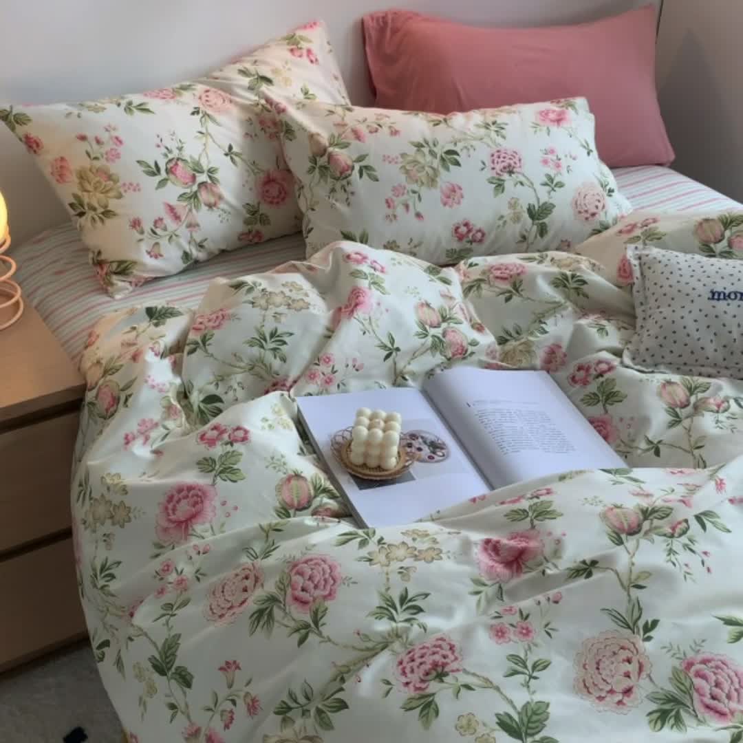 91家纺网 家纺一手货源 找家纺 怡家居 2021新款全棉印花田园四件套 红颜