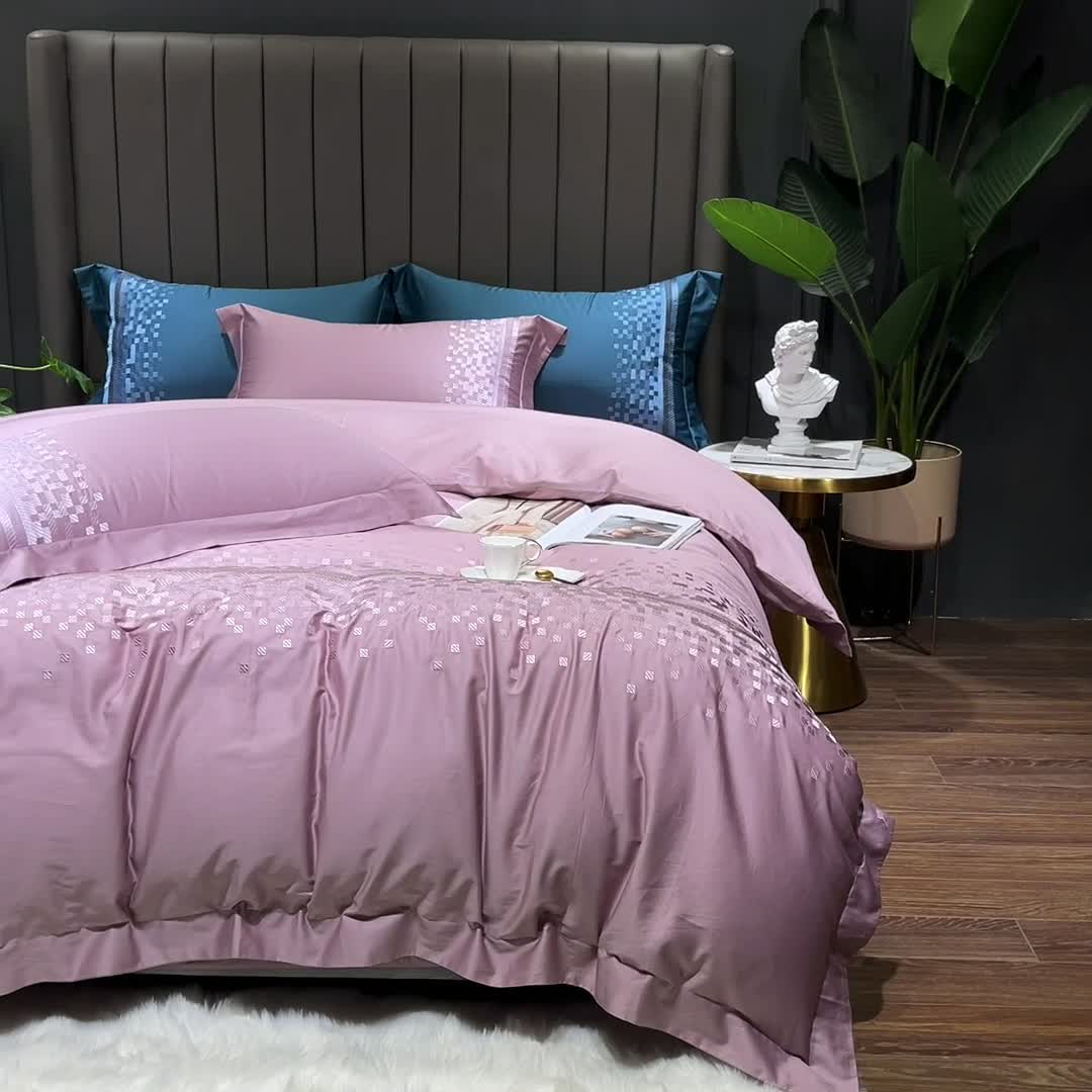 91家纺网 家纺一手货源 找家纺 榻尚家居 2021新款80长绒棉精品刺绣四件套 爱意豆沙紫