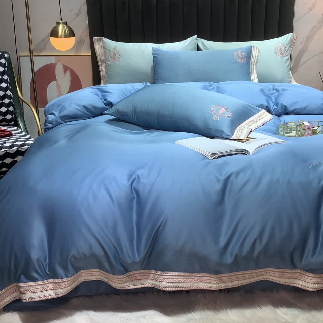 91家纺网 家纺一手货源 找家纺 安妮家居 2021新款水洗真丝刺绣四件套-奈雪系列 冰冰蓝