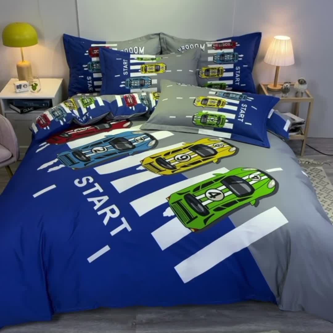 91家纺网 家纺一手货源 找家纺 金爱家 2021新款大版磨毛卡通系列四件套 疯狂赛车