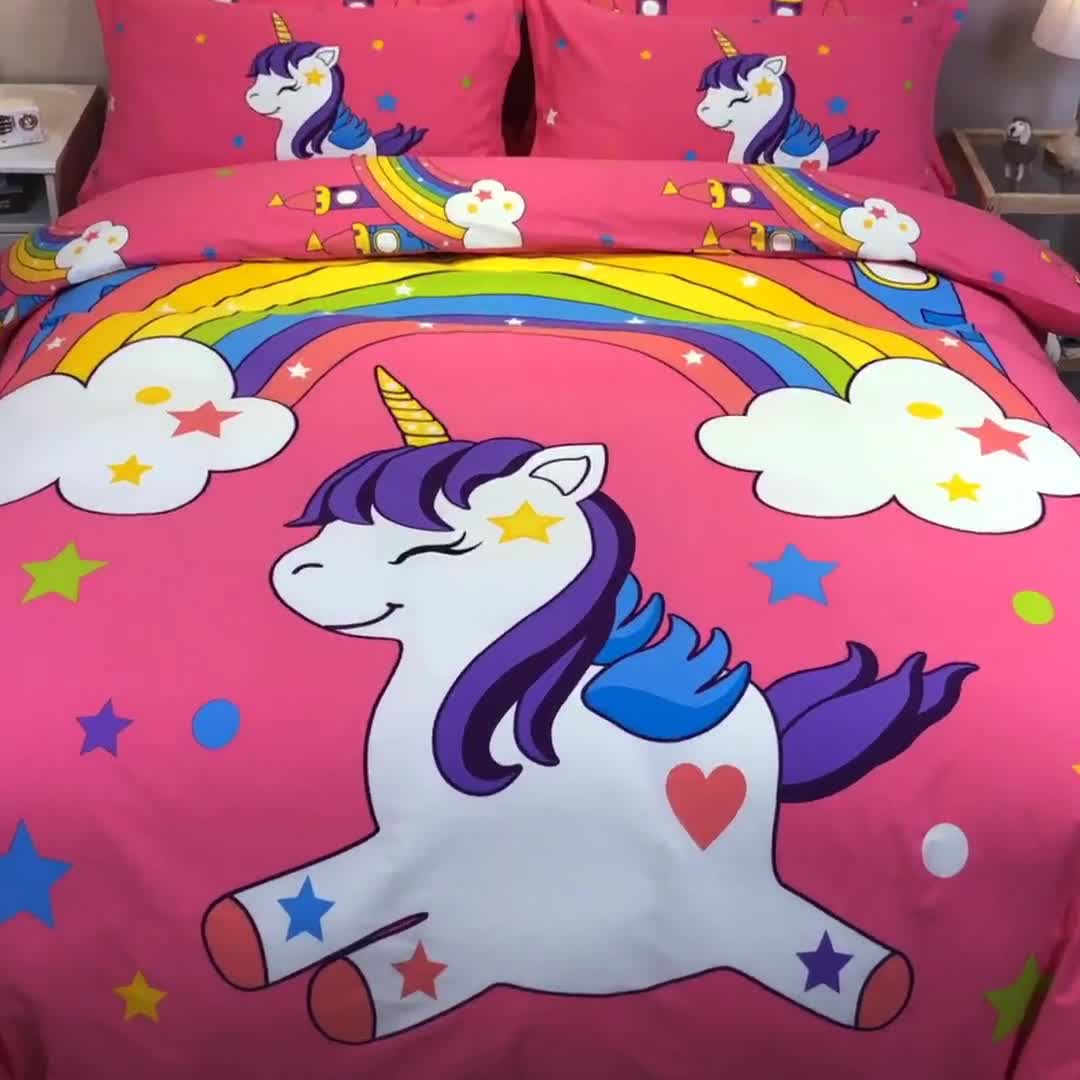 91家纺网 家纺一手货源 找家纺 金爱家 2021新款大版磨毛卡通系列四件套 彩虹小马