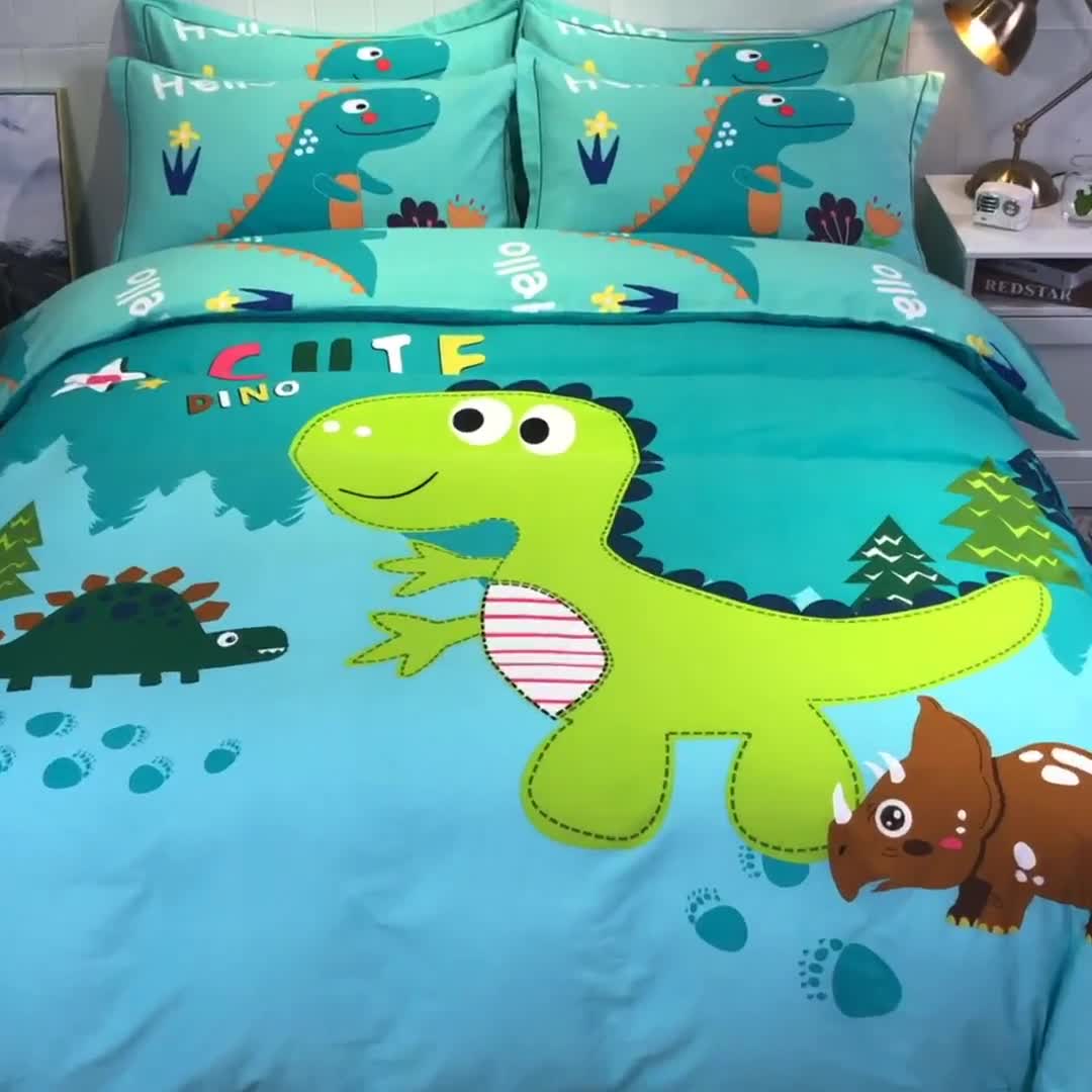 91家纺网 家纺一手货源 找家纺 金爱家 2021新款大版磨毛卡通系列四件套 恐龙绿