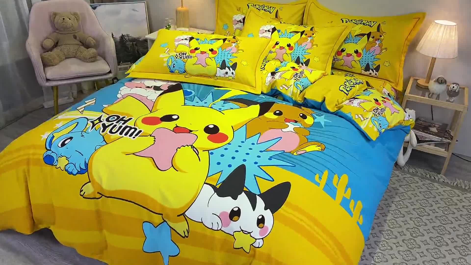 91家纺网 家纺一手货源 找家纺 金爱家 2021新款大版磨毛卡通系列四件套 神奇宝贝