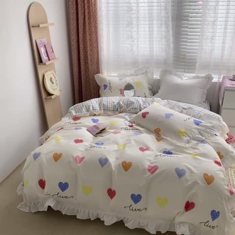 91家纺网 家纺一手货源 找家纺 雅居纺 2022新款全棉韩版花边四件套 爱心