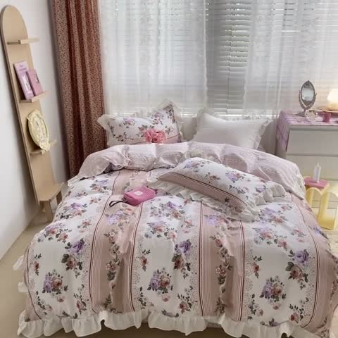 91家纺网 家纺一手货源 找家纺 雅居纺 2022新款全棉韩版花边四件套 蔷薇之恋