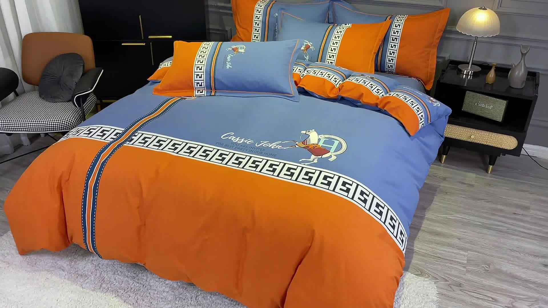 91家纺网 家纺一手货源 找家纺 金爱家2021新款大版磨毛条格简约四件套追电-桔