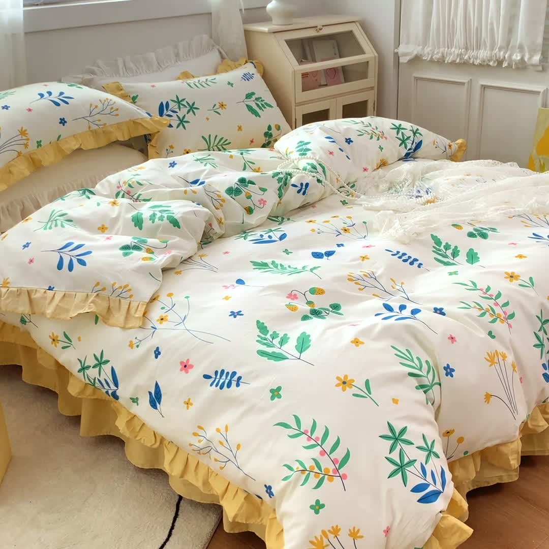 91家纺网 家纺一手货源 找家纺 金丝鸟 2021新款全棉韩版床裙款四件套 枝丫床裙款