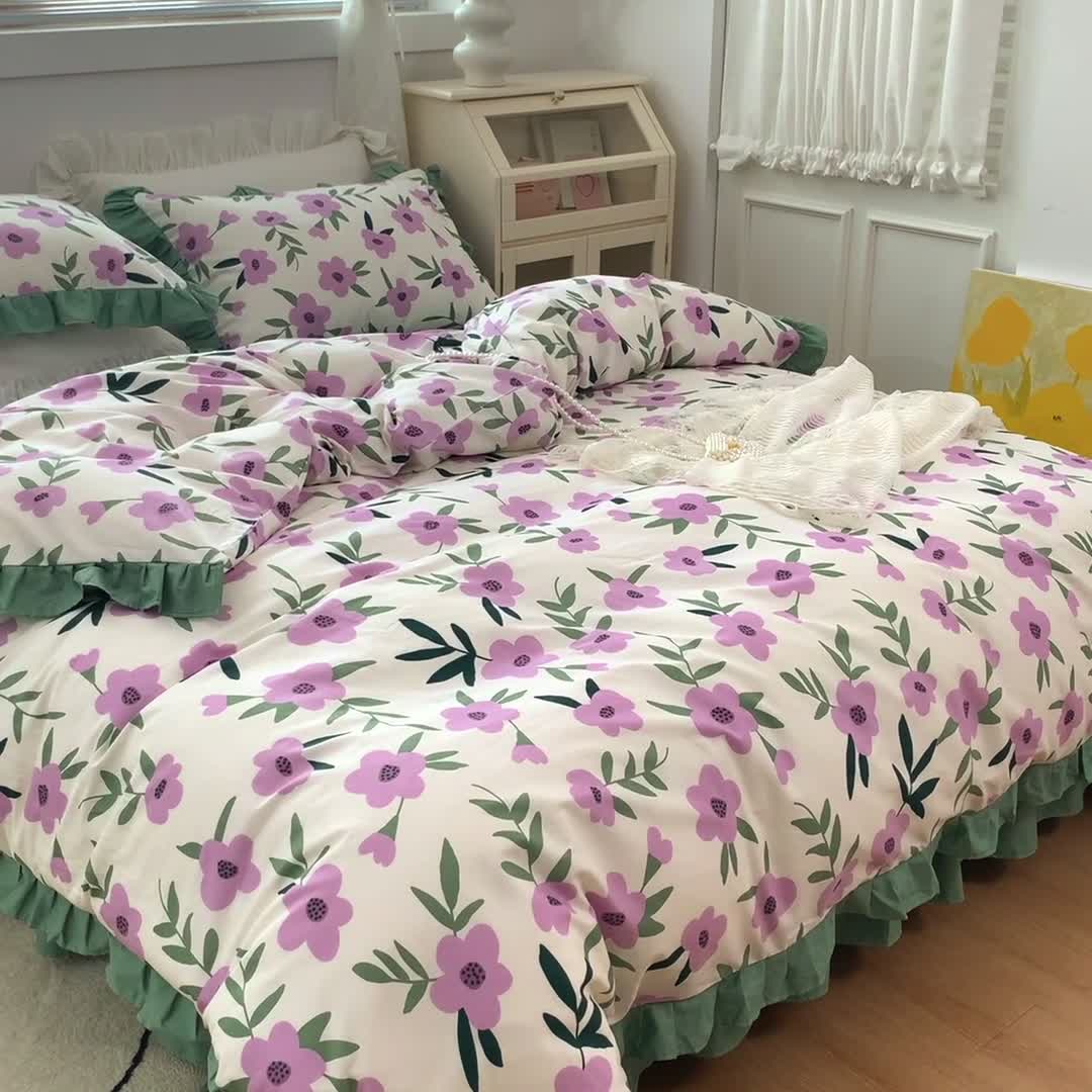 91家纺网 家纺一手货源 找家纺 金丝鸟 2021新款全棉韩版床裙款四件套 晚风床裙款