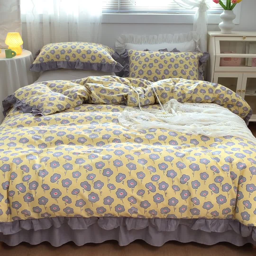 91家纺网 家纺一手货源 找家纺 金丝鸟 2021新款全棉韩版床裙款四件套 花语床裙款