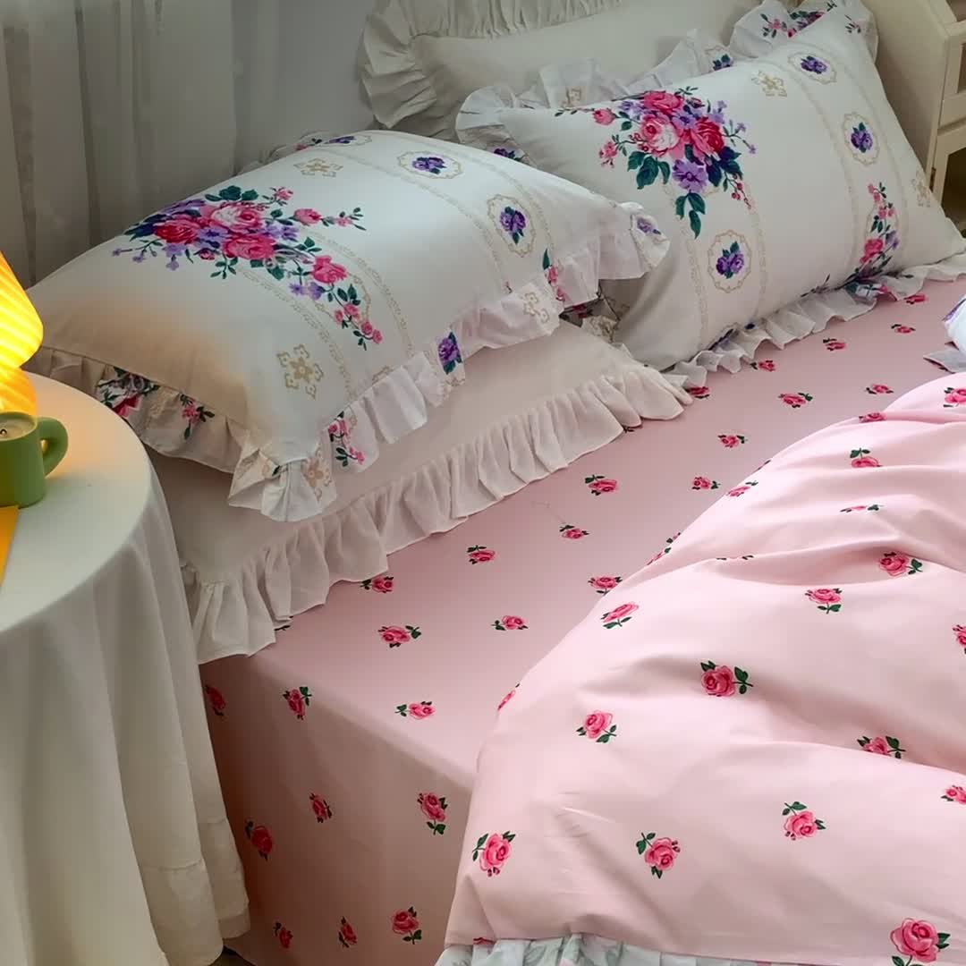 91家纺网 家纺一手货源 找家纺 金丝鸟 2021新款全棉韩版床裙款四件套 花满庭床裙款