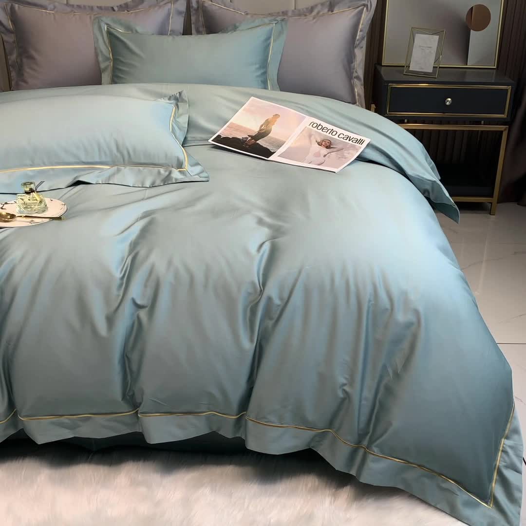 91家纺网 家纺一手货源 找家纺 榻尚家居2021新款长绒棉简约轻奢四件套 魅-湖水绿