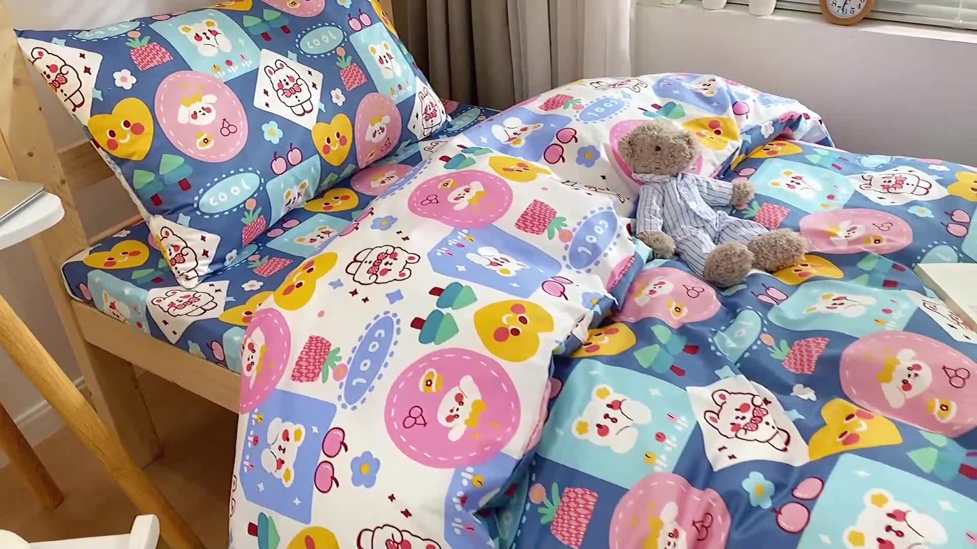 91家纺网 家纺一手货源 找家纺 金丝鸟 2021新款全棉活性13372学生三件套蓝色小可爱