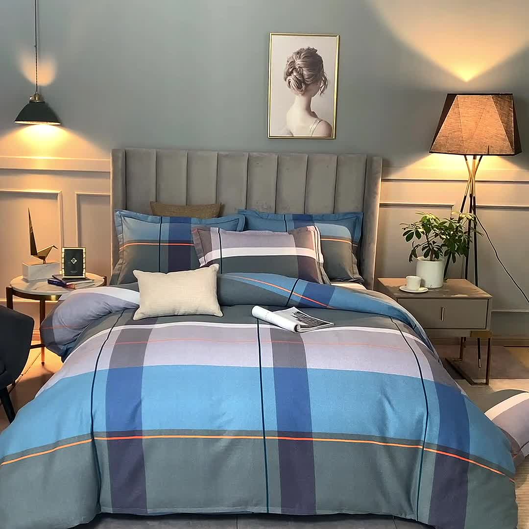 91家纺网 家纺一手货源 找家纺 金纱玉纺 2022新款全棉磨毛四件套 艺术空间-蓝