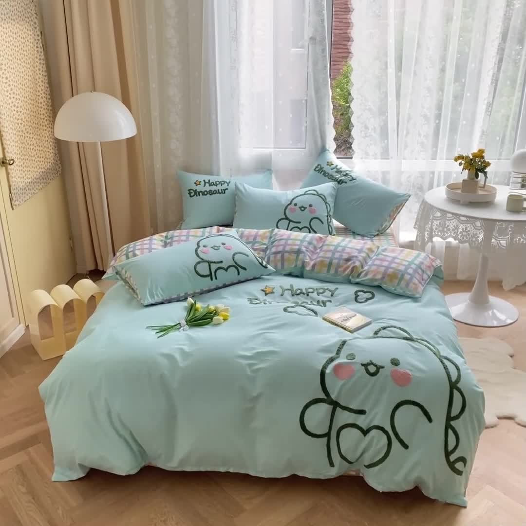 91家纺网 家纺一手货源 找家纺 澳梵家居 2021新款全棉卡通大版毛巾绣四件套 可爱恐龙