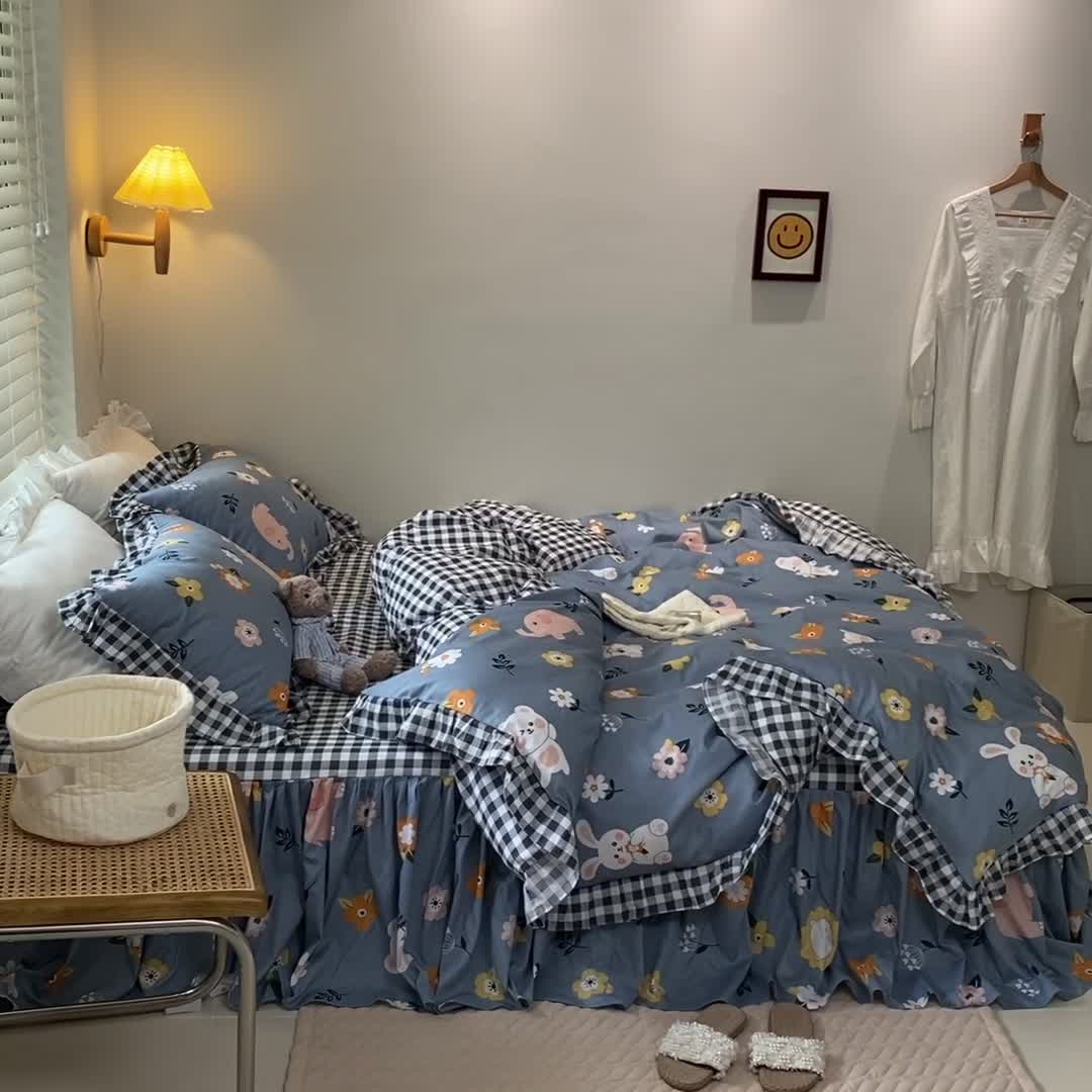 91家纺网 家纺一手货源 找家纺 绵庭家纺 2024新款全棉喷气床裙款四件套 花小兔