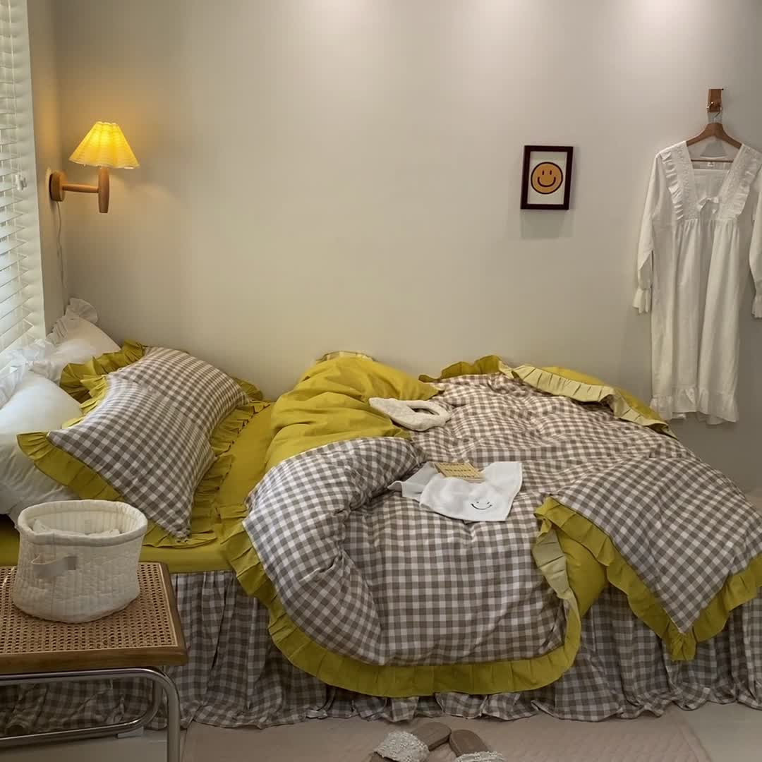 91家纺网 家纺一手货源 找家纺 绵庭家纺 2024新款全棉喷气床裙款四件套 卡其小格