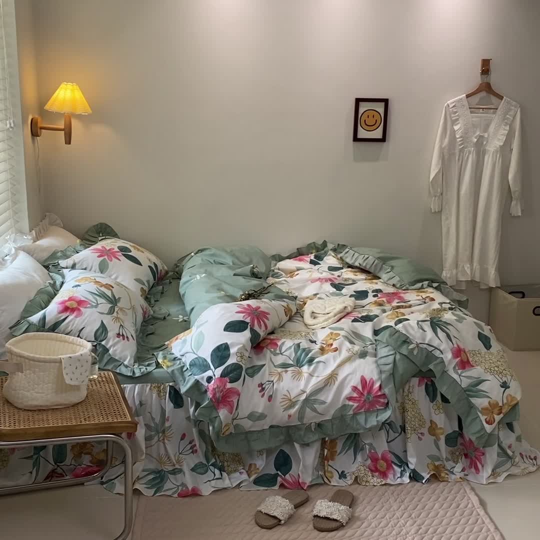 91家纺网 家纺一手货源 找家纺 绵庭家纺 2024新款全棉喷气床裙款四件套 漫歌雅韵