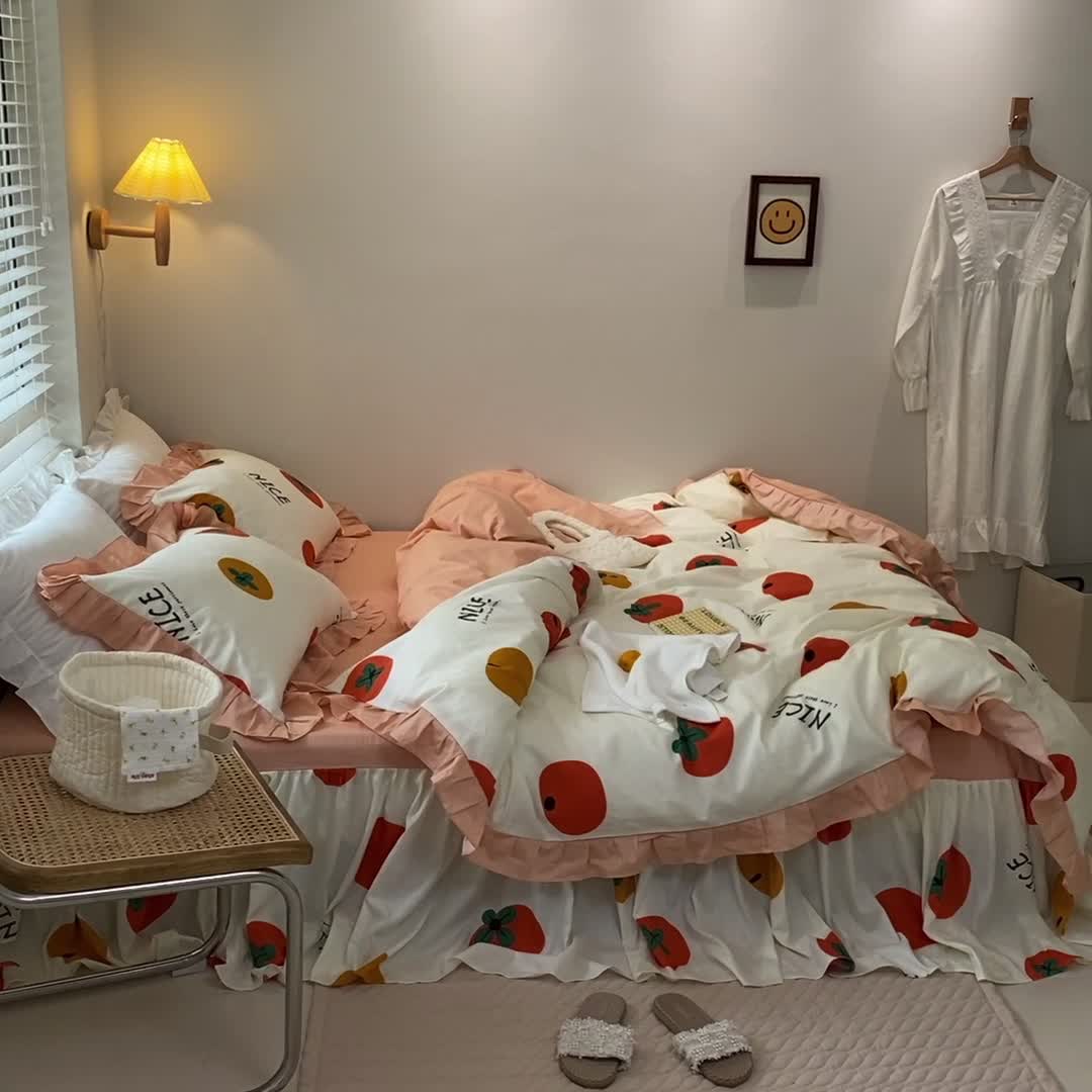 91家纺网 家纺一手货源 找家纺 绵庭家纺 2024新款全棉喷气床裙款四件套 柿子