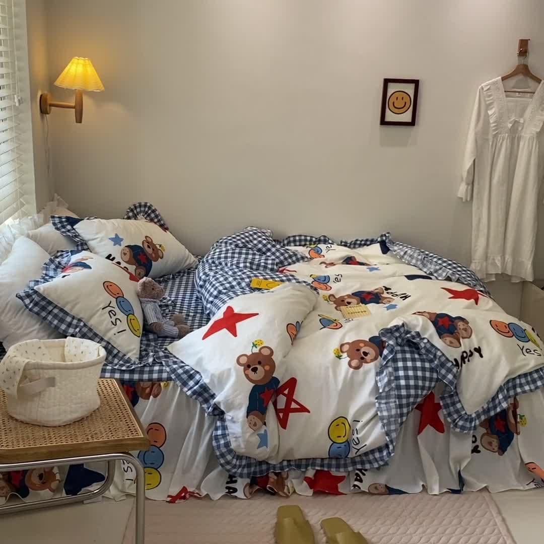 91家纺网 家纺一手货源 找家纺 绵庭家纺 2024新款全棉喷气床裙款四件套 汤姆小熊