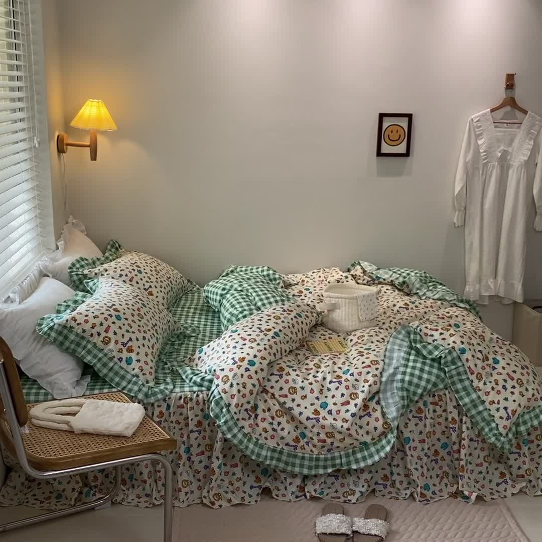 91家纺网 家纺一手货源 找家纺 绵庭家纺 2024新款全棉喷气床裙款四件套 小鹿斑比