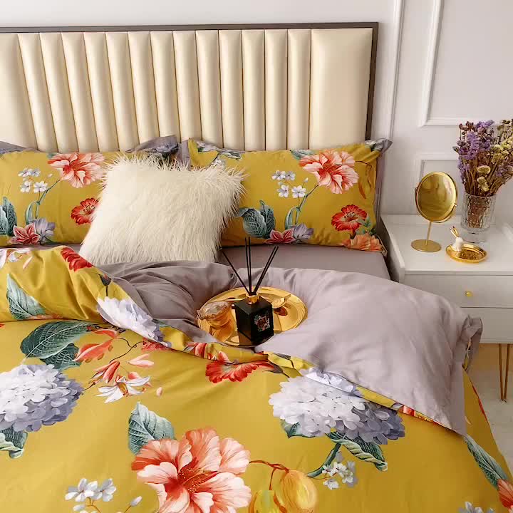 91家纺网 家纺一手货源 找家纺 蘭菲2023新款60支贡缎长绒棉印花美式花卉四件套盛世浓情换