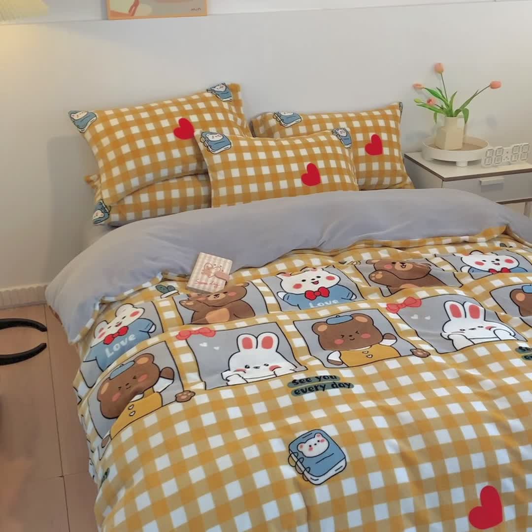 91家纺网 家纺一手货源 找家纺 澳萝拉2021高克重卡通清新牛奶绒四件套水晶法莱绒浪漫满屋