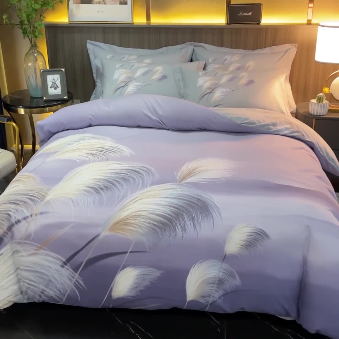 91家纺网 家纺一手货源 找家纺 =芊寻家居 2024新款全棉大版磨毛四件套 红尘烟雨紫