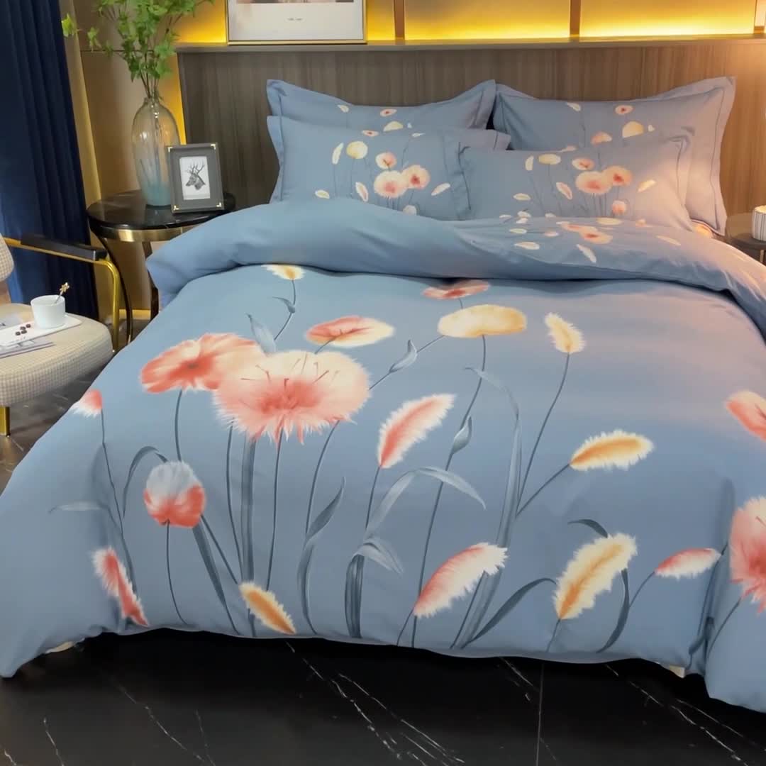 91家纺网 家纺一手货源 找家纺 芊寻家居 2024新款全棉大版磨毛四件套 花草巷蓝