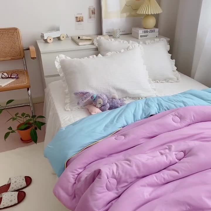 91家纺网 家纺一手货源 找家纺 星期八 2021新款马卡龙大豆针织春秋被冬被 粉紫蓝