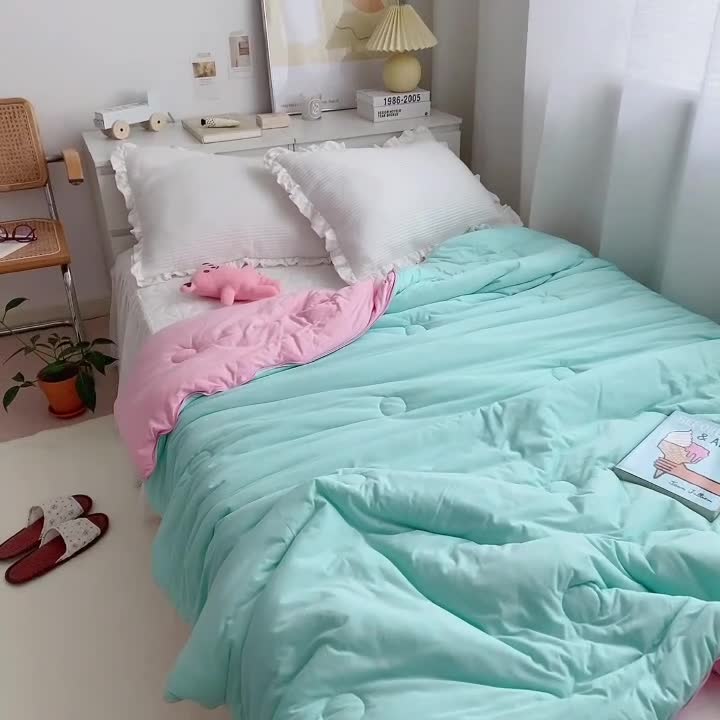 91家纺网 家纺一手货源 找家纺 星期八 2021新款马卡龙大豆针织春秋被冬被 绿粉