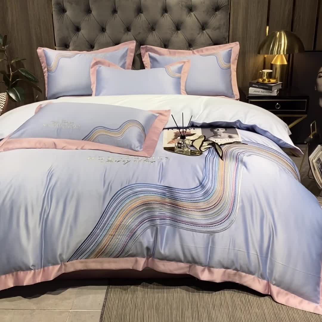 91家纺网 家纺一手货源 找家纺 宅家居 2024新款臻品真丝B版纯棉米莱四件套 米莱-浅海蓝