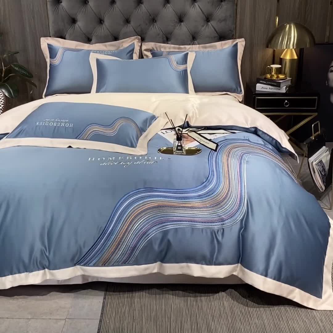 91家纺网 家纺一手货源 找家纺 宅家居 2024新款臻品真丝B版纯棉米莱四件套 米莱-宾利蓝