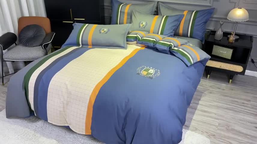 91家纺网 家纺一手货源 找家纺 金爱家 2021新款大版磨毛条格简约四件套 艾德孟兰