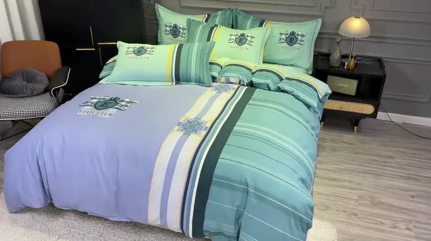 91家纺网 家纺一手货源 找家纺 金爱家 2021新款大版磨毛条格简约四件套 韵律灰