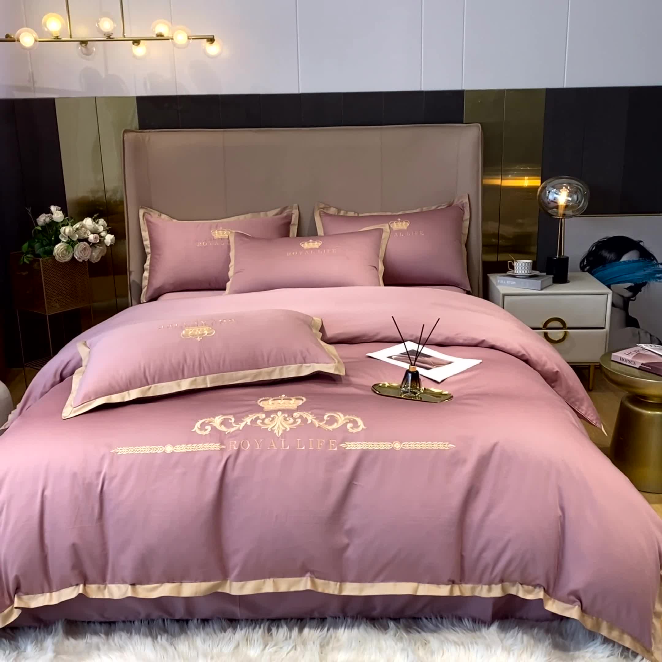 91家纺网 家纺一手货源 找家纺 安妮家居 2021新款皇冠120s长绒棉四件套 冰莓粉