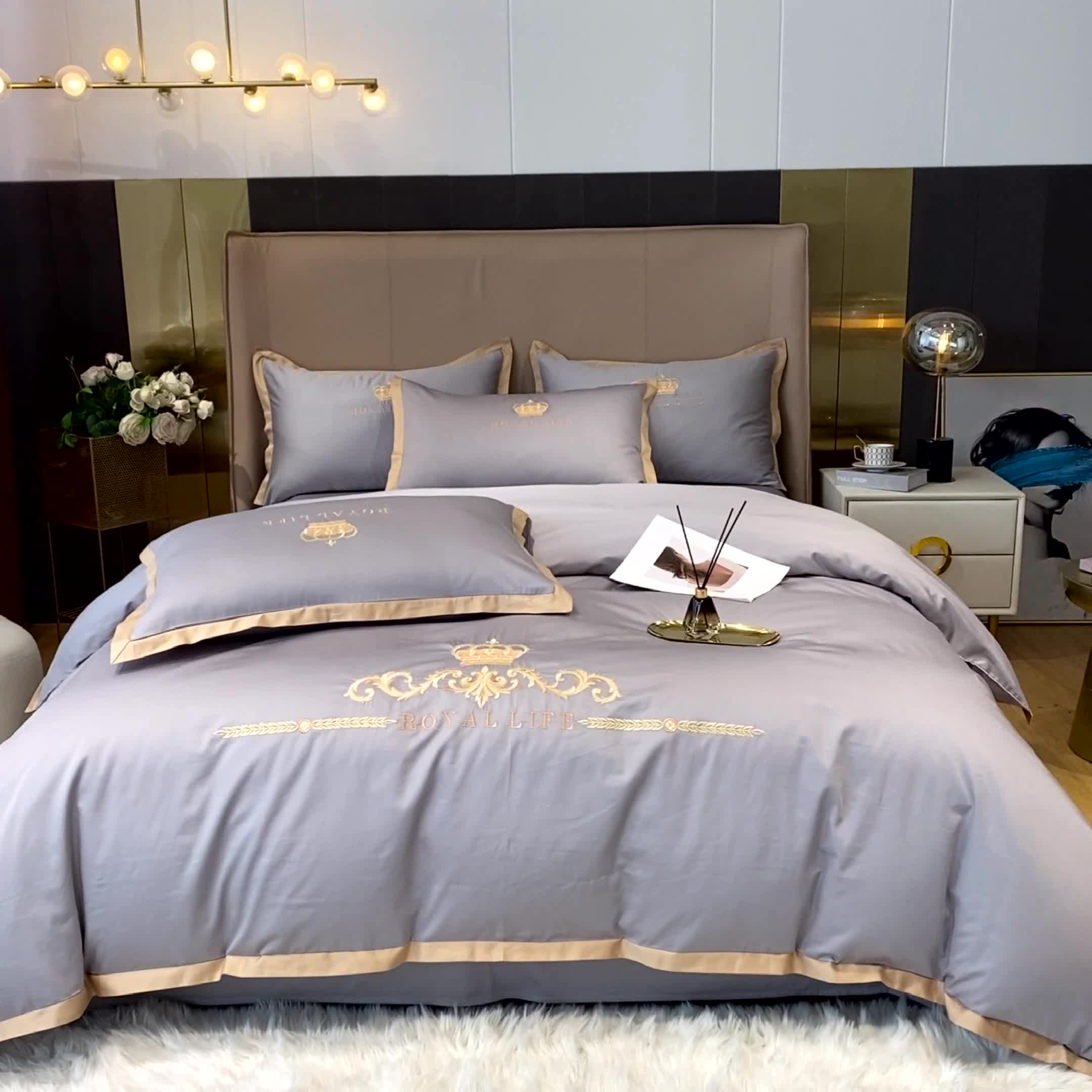 91家纺网 家纺一手货源 找家纺 安妮家居 2021新款皇冠120s长绒棉四件套 高级灰