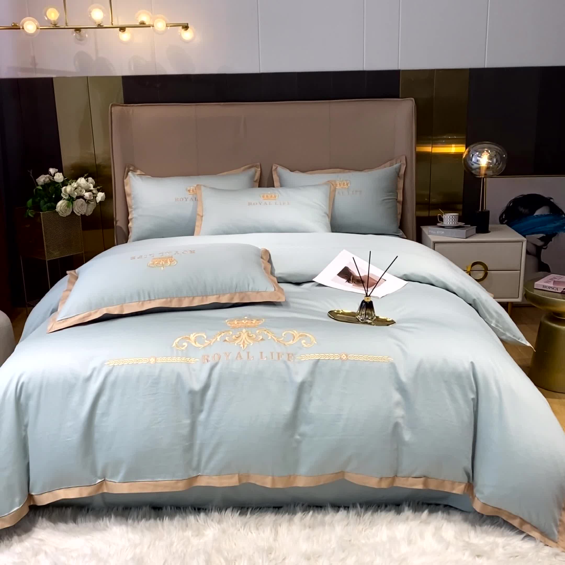 91家纺网 家纺一手货源 找家纺 安妮家居 2021新款皇冠120s长绒棉四件套 迷雾蓝